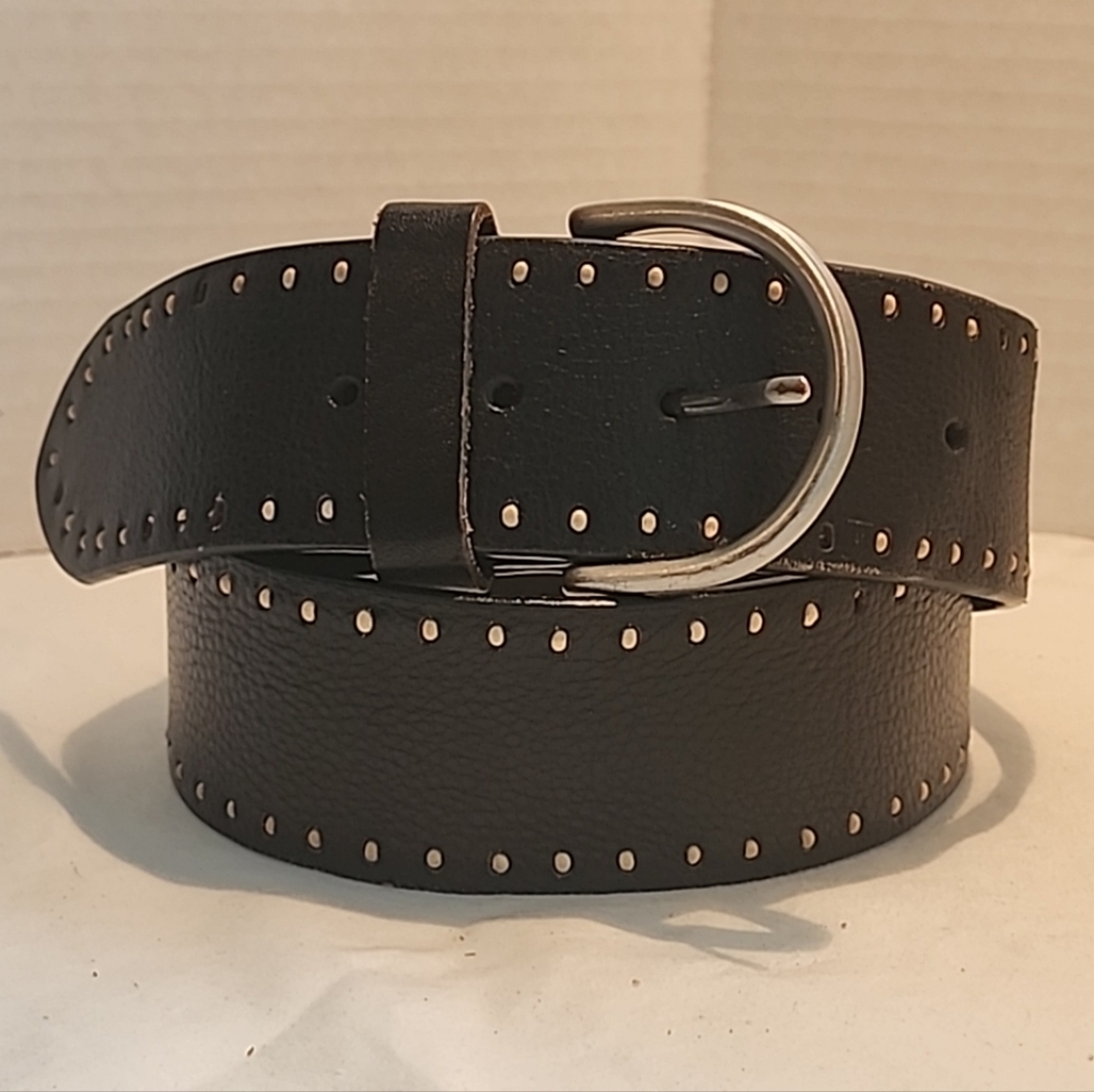 Coldwater Creek Wide Black Leather Belt Ivory Faux Bead Border Silver Buckle Sm